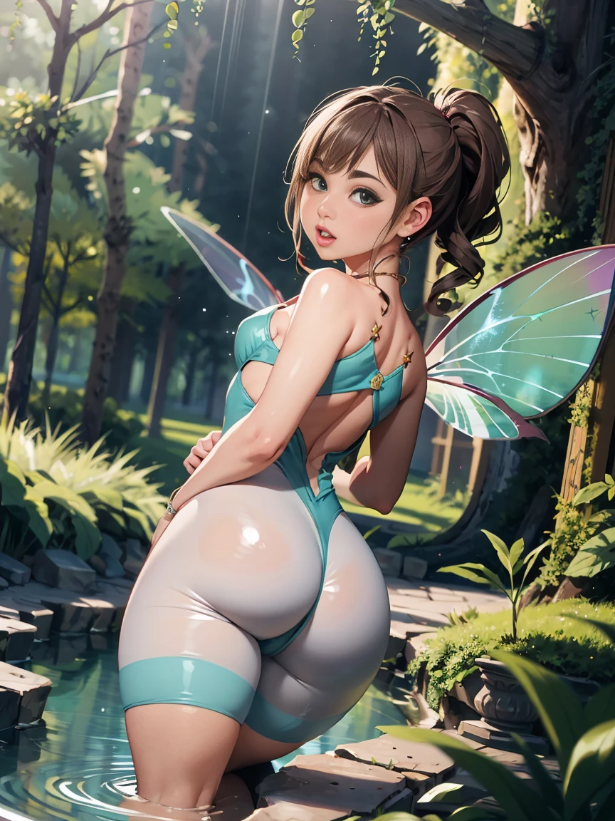 Riley Reid from Tinker Bell (Disney character), Realistic, Dynamic Lights, ((highest quality)), ((masterpiece)), (detailed), Ultra HD, Very Detailed CG Unified 8k Wallpaper, (Cinema lighting), (Anime illustration), 1 girl, sports body, Perfect Face, detailed, (full shot), Tinker Bell is a tiny fairy with translucent wings, sparkling green eyes. Her wings are delicate and shimmer as she flies gracefully, looking at viewer, cowboy shot, low angle, from behind, big ass naked, realistic hands, detailed hands, perfect anatomy, clean details, high quality, sharp focus, Photorealistic Photorealism, background a magical forest with towering trees, glowing moss, and colorful flowers. Sunlight filters through the leaves, reflecting on a sparkling stream. Pixie dust and fireflies float in the air, with a tiny fairy house nestled among the tree roots.
