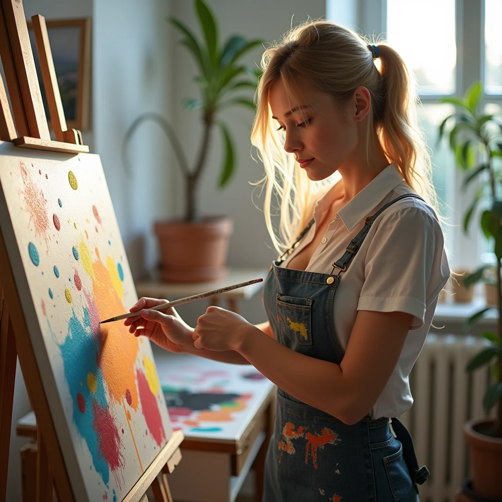 [full body shot] professional, (((huge tits))) ((cheerful woman with paint splatters on her apron, working on a canvas in a bright studio)) (4k image:1.1), (Sharp Focus:1.3), Very detailed, wear (tight shirt:1.2), beautiful detailed face, sparkling eyes, long light hair, (attractive young woman:1.3), (seductive:1.1), (blushing:1.1), pear body shape, perfect hands, natural breasts, wide hips. --Sexy body --Prominent bare breasts --Detailing, full body, a lot of femininity, tempting, Dazzling, sensual pose, muse, --Unreal движок 5. 