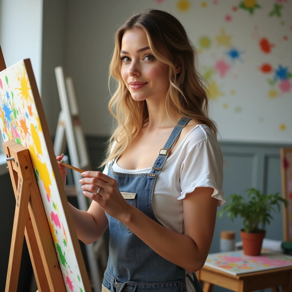 [full body shot] professional, (((huge tits))) ((cheerful woman with paint splatters on her apron, working on a canvas in a bright studio)) (4k image:1.1), (Sharp Focus:1.3), Very detailed, wear (tight shirt:1.2), beautiful detailed face, sparkling eyes, long light hair, (attractive young woman:1.3), (seductive:1.1), (blushing:1.1), pear body shape, perfect hands, natural breasts, wide hips. --Sexy body --Prominent bare breasts --Detailing, full body, a lot of femininity, tempting, Dazzling, sensual pose, muse, --Unreal движок 5. 