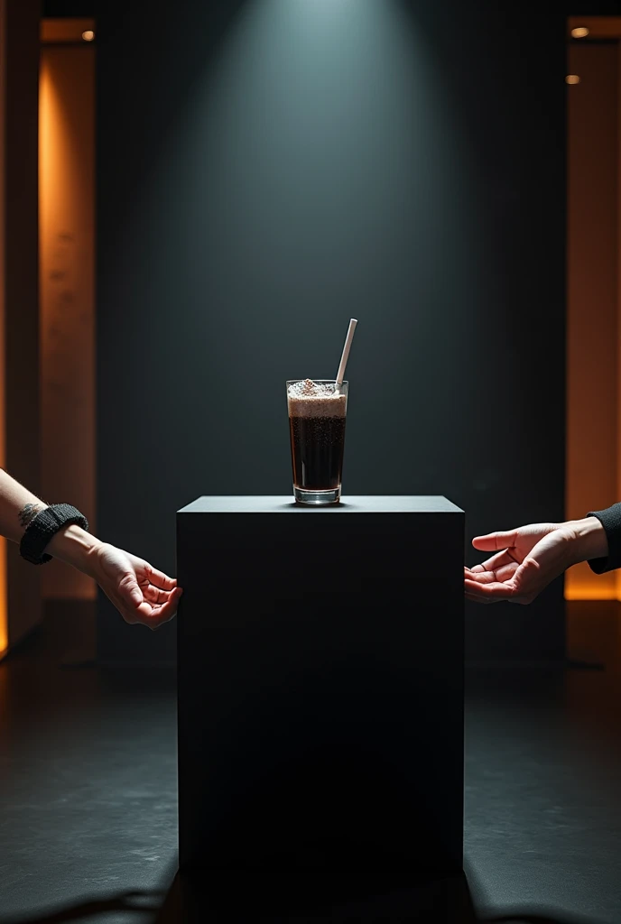 Hin Smoothie drink black water ,microphones hands ,breaking new podium luxury studio light shadow 