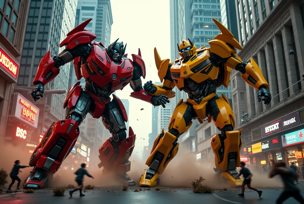 A fight scene in Bangkok where two Transformers robots, modeled after a Ferrari and a Lamborghini, fall from a building while people are running for their lives below.