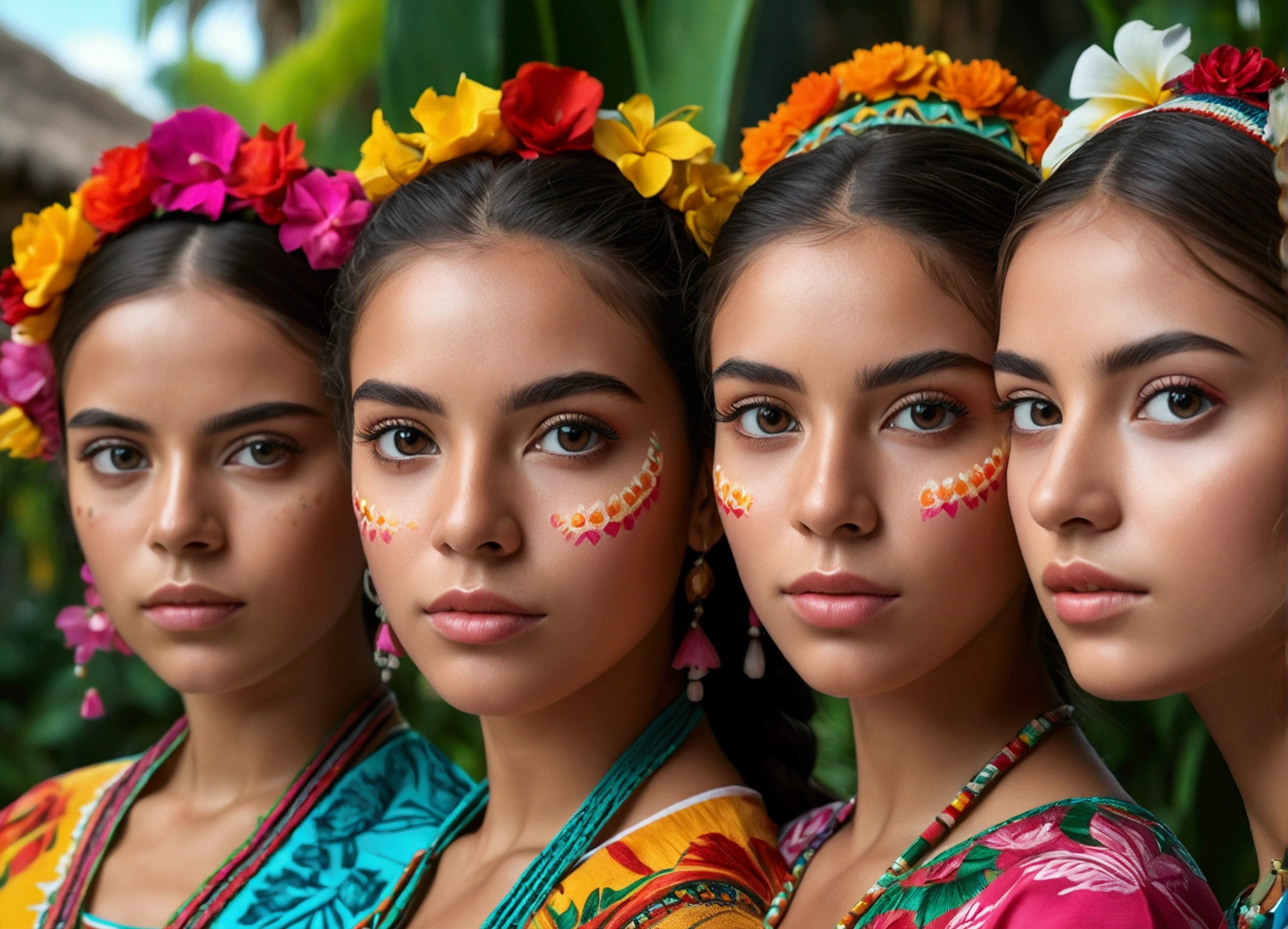 4 beautiful mexico girls, beautiful detailed eyes, beautiful detailed lips, extremely detailed eyes and face, long eyelashes, athletic athletic bodies, colorful traditional mexico dresses, tropical garden background, (best quality,4k,8k,highres,masterpiece:1.2),ultra-detailed,(realistic,photorealistic,photo-realistic:1.37),vibrant colors,natural lighting,cinematic composition,intricate details,highly detailed facial features, close up of 4 girls