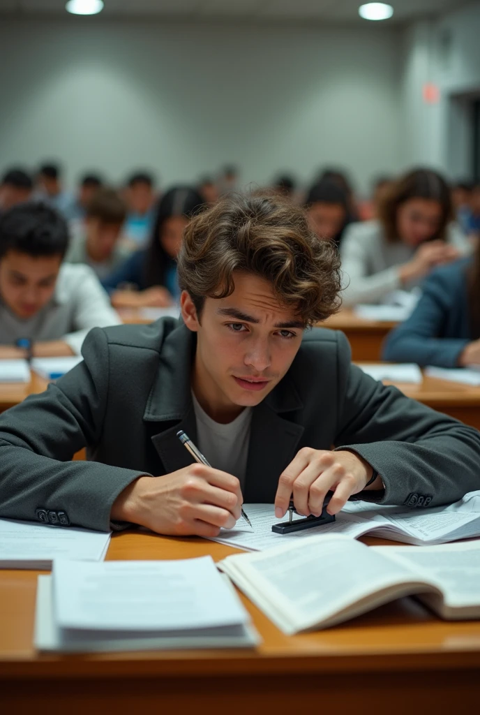 Here’s a prompt to create an AI image for your stapler advertisement:

**"Create an image of a student sitting in an exam hall, urgently pinning together their papers with a stapler. The student should have a slightly stressed but determined expression, with scattered notes and books around them, suggesting they were cramming the night before. Next to the student, an OSS (Office of Student Services) staff member is kindly helping to hold the papers steady while the student staples them. The background shows other students focused on their exams. The tagline 'Saving Your Last Night Preparation' should be clearly visible at the top or bottom of the image in a bold, supportive font. The overall atmosphere should convey a mix of relief and focus, with a touch of humor."**