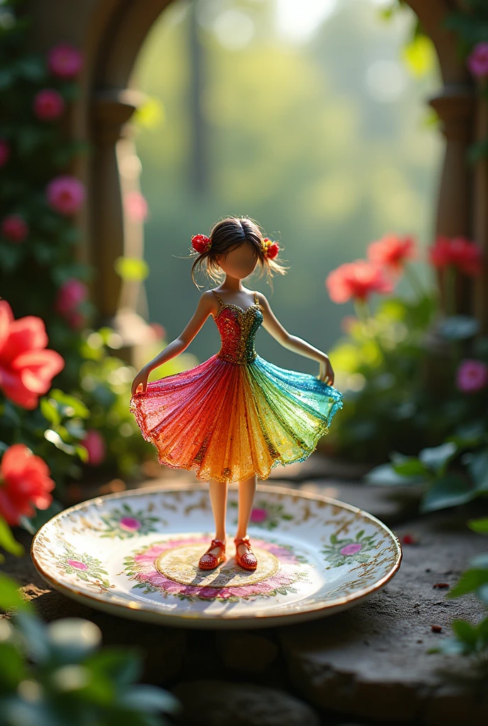 A delicate miniature girl-like figure, fashioned from colorful glass, twirling on an intricately painted porcelain plate, set in a quaint, fairy-tale garden with vibrant flowers and ivy- covered walls. The plate's ornate designs add a touch of elegance, while the garden blooms in a riot of colors, illuminated by soft, dappled sunlight. The figure's pose exudes grace and enchantment, with reflections of light playing off the glass to create a mesmerizing effect. Created Using: fairy-tale aesthetics, close-up photography, vibrant color palette, soft focus, detailed craftsmanship, hd quality, natural look -ar 16:9 –