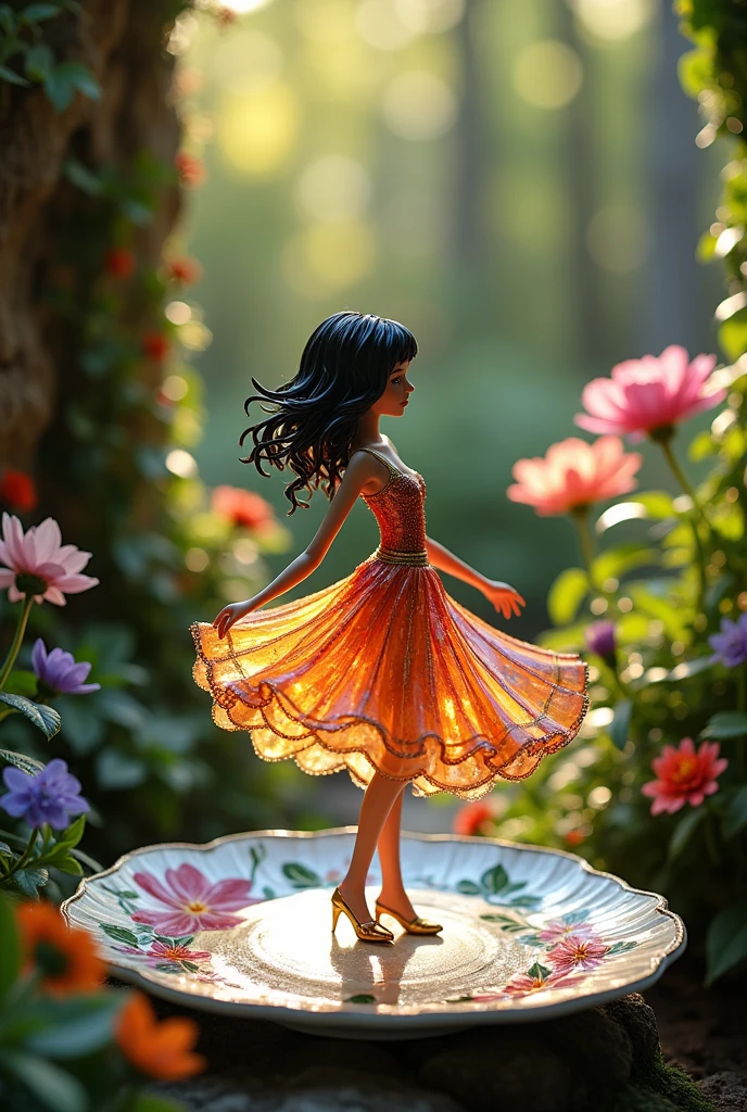 A delicate miniature girl-like figure, fashioned from colorful glass, twirling on an intricately painted porcelain plate, set in a quaint, fairy-tale garden with vibrant flowers and ivy- covered walls. The plate's ornate designs add a touch of elegance, while the garden blooms in a riot of colors, illuminated by soft, dappled sunlight. The figure's pose exudes grace and enchantment, with reflections of light playing off the glass to create a mesmerizing effect. Created Using: fairy-tale aesthetics, close-up photography, vibrant color palette, soft focus, detailed craftsmanship, hd quality, natural look -ar 16:9 –