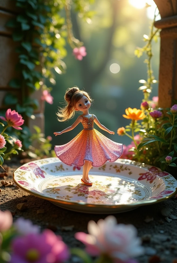 A delicate miniature girl-like figure, fashioned from colorful glass, twirling on an intricately painted porcelain plate, set in a quaint, fairy-tale garden with vibrant flowers and ivy- covered walls. The plate's ornate designs add a touch of elegance, while the garden blooms in a riot of colors, illuminated by soft, dappled sunlight. The figure's pose exudes grace and enchantment, with reflections of light playing off the glass to create a mesmerizing effect. Created Using: fairy-tale aesthetics, close-up photography, vibrant color palette, soft focus, detailed craftsmanship, hd quality, natural look -ar 16:9 –