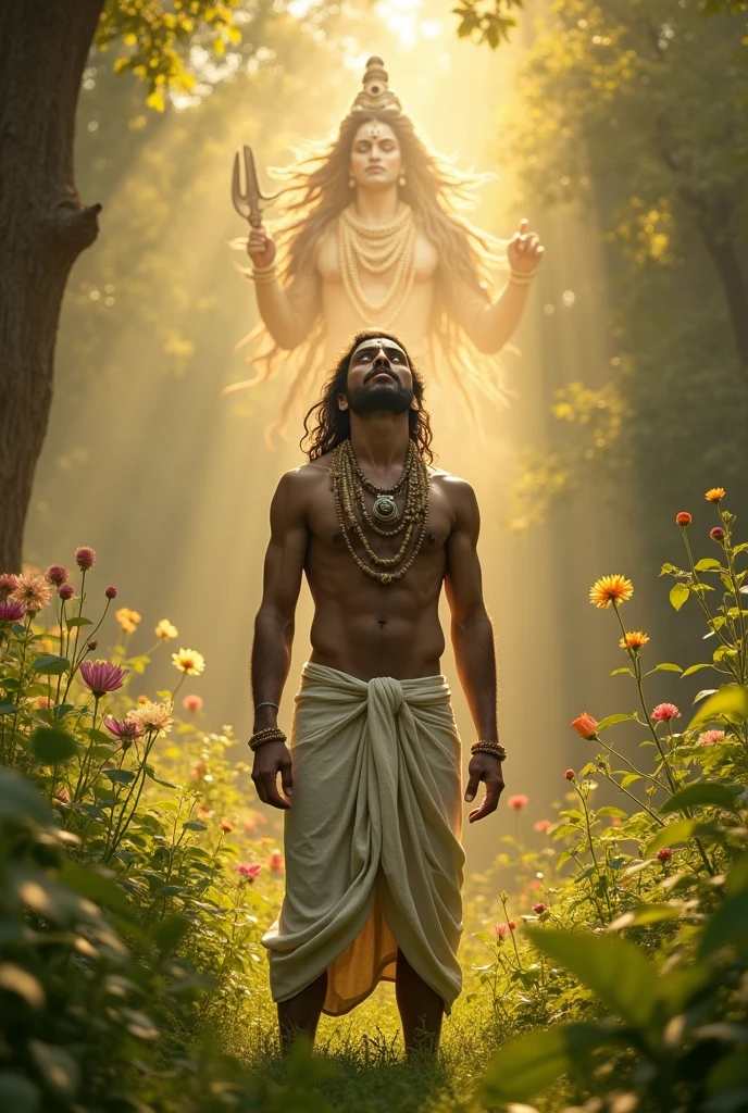 Create the image of the magician Shantih by invoking a Pashupatastra with the following instructions:
#Character Name Shantih is a Sanskrit word used in religious and spiritual contexts, especially in Hinduism and Buddhism, to invoke or wish for peace and calm.
#Humble personality, ascetic and pacifist. Shantih hates killing and fighting, fame and glory do not interest him, but rather an eternal search for truth. Its central belief is that the beautiful and the good should not be replaced by the barbaric and the ugly.. The natural path of all things must be based on virtue.. Those who are evil and vicious have no place in the world..
#Appearance The wizard Shantih wears ordinary white clothing and a necklace with large beads. (japamala), closely resembling a Buddhist preacher. Furthermore, presents a third eye (bindi) and a great muscular build, which makes others mistake him for a martial artist. He's bald and doesn't have a beard.
Pashupatastra is an astra , a heavenly missile, affiliated with the Hindu deity Shiva , bem como Kali e Adi Parashakti , that can be triggered by the mind, through the eyes, by words or by a bow. Should never be used against lesser enemies or by lesser warriors. (humans), Pashupatastra is capable of destroying creation and defeating all beings. It is one of the six Mantramukta weapons that cannot be resisted..
It is the most powerful astra of Shiva, and the embodiment of his energy and power. When fired, a manifestation of Shiva appears in the sky with a thousand heads., thousand eyes, a thousand stomachs and a thousand feet. Possesses the absolute power capable of annihilating anything, including divine entities and universal creation itself. This weapon had to be obtained directly from Shiva.
