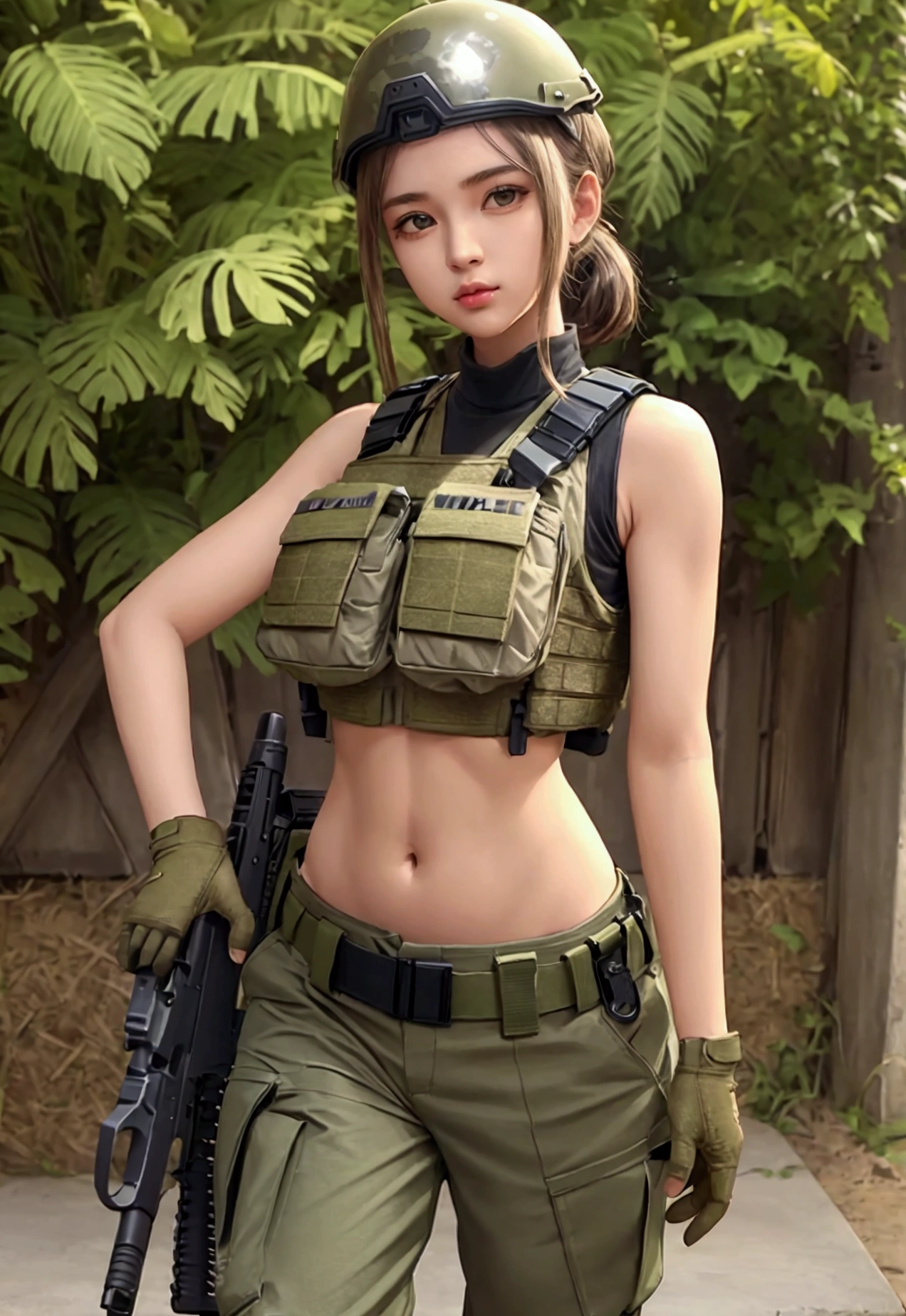 girl in crop top military bulletproof vest , military green cargo pants, belt, military helmet, tactical, (open navel), 