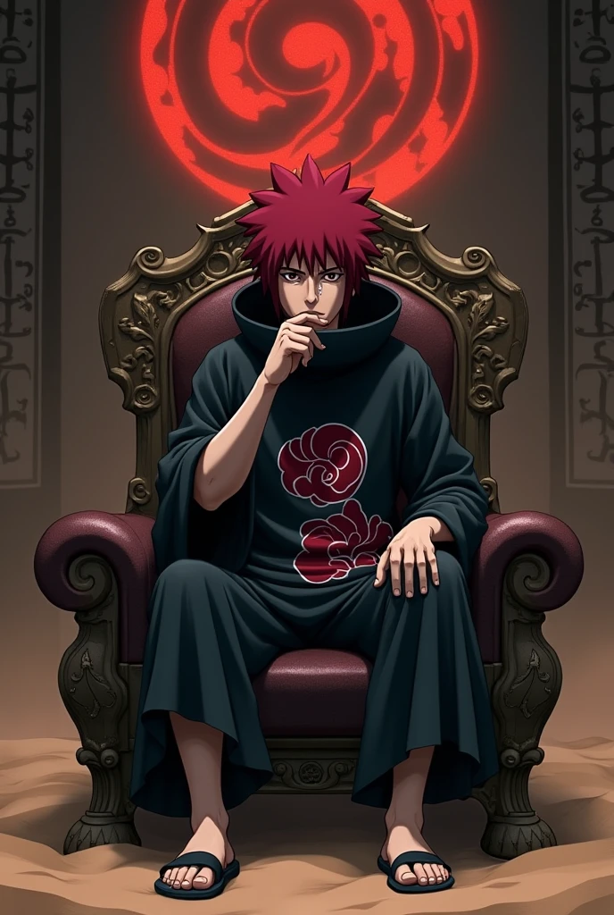 War arc Gaara from naruto, sitting on throne as same as itachi Uchiha, wearing Akatsuki clothes, sand around him, bloody tear from his right eye, on the background wall his tattoo written,
his love kanji tattoo on his right forehead side is missing make him sit like itachi, laid back relaxed, one leg on another and face laid on hand on check. And give him actual Akatsuki cloaks, black attire with red clouds.