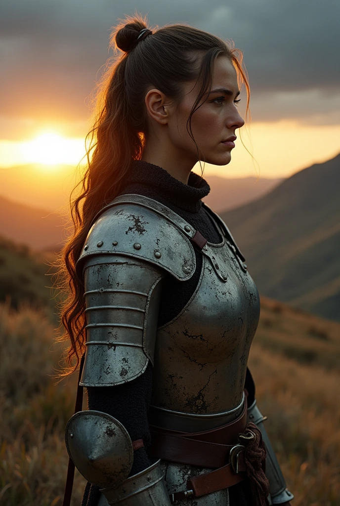 A warrior with armor full of cracks and fissures, suggesting the wear and tear of fighting so much. Ela pode estar olhando para o horizonte, questioning the next step.