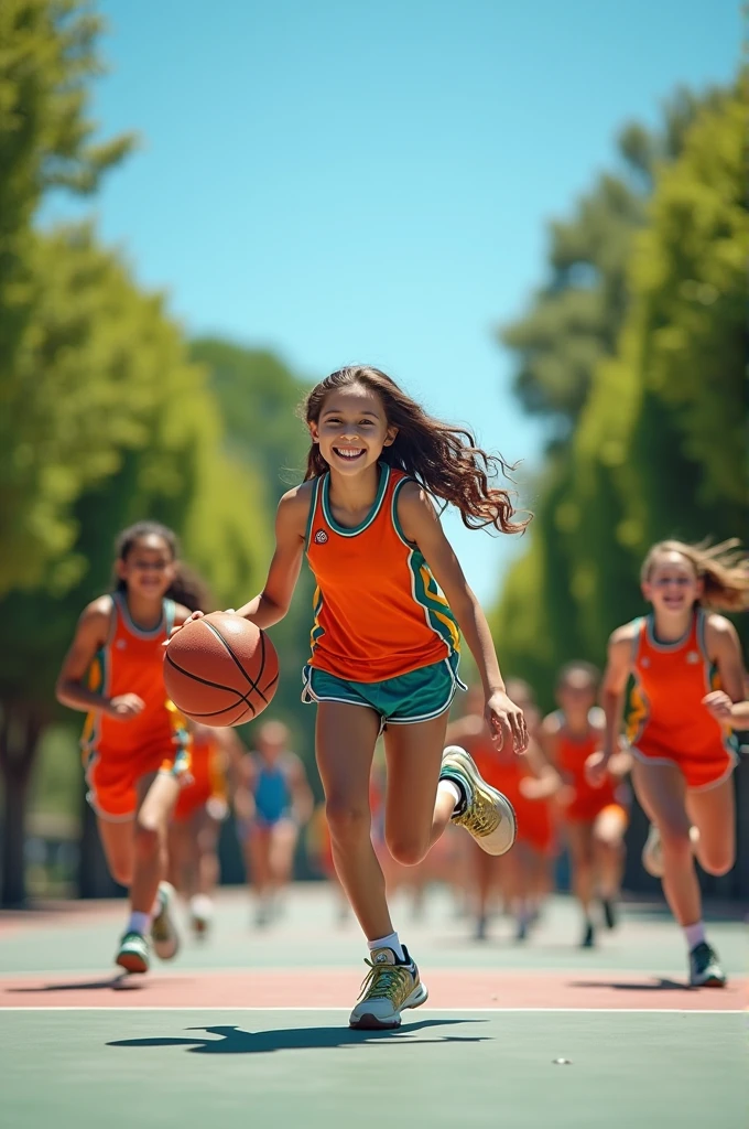 Girls group basketball playing beautiful girl captain of queen