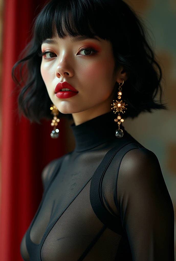 editorial photography,super detailed background,Super realistic,double exposure,depth of field,gorgeous beauty super skinny vides,soft focus dark tone,narrative scene,Wabi-Sabi wallpaper,open Crimson lips,narrow eyes,uneven pattern matte rubber long sleeve bodysuit,super short bob-cut hairstyle,neoprene parts,Scattered luminous earrings,bare Inner thigh,