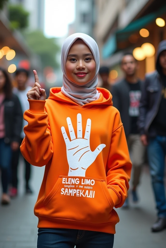 A indonesian pretty girl, wearing a hoodie with a strong vector design featuring a silhouetted image of a five-fingered palm in white colour with love and light. The phrase "ELENG LIMO OJOK SAMPEK LALI" in down, is displayed in bold simple elegand, distressed typography with pastel colours, while holding her hoodie, hijab, one-handed pose pointing upwards, in a public place, surrounded by many men, big and sexy breasts, jav idol, with a frontal shooting angle, very realistic, (complex detail: 0.9), (hdr, hyperdetail: 1.2), RAW, Sony Alpha a9 II, 24-105mm f/4, HDR,
