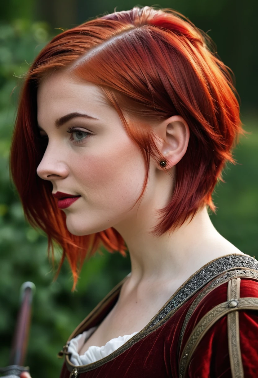Woman, shorth hair, cut on the side medieval red