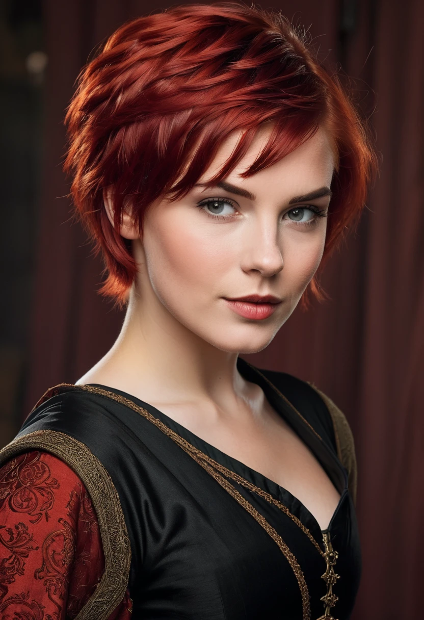 Woman, shorth hair, cut on the side medieval red