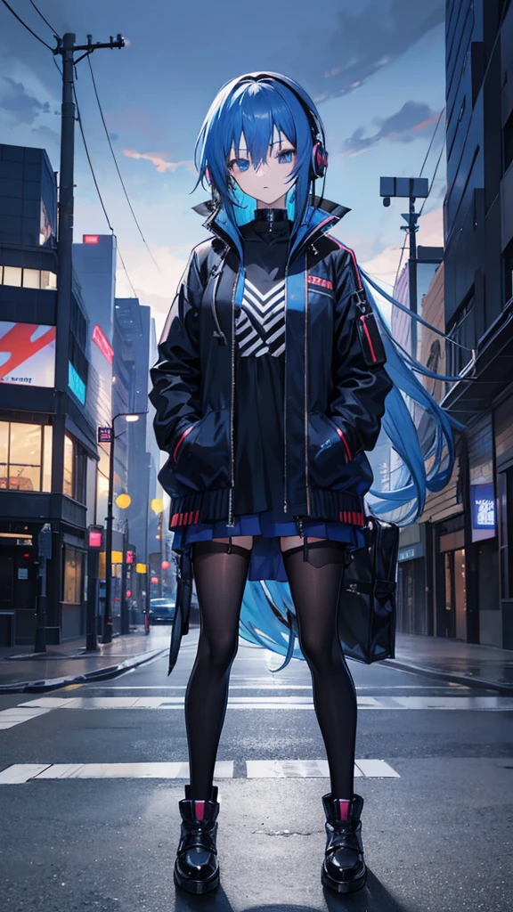 Create an anime girl that has long blue hair wearing a black jacket and behind the jacket she has a blue shirt that has headphones on her neck and appears in the city At night With a pose as if she were waiting for someone with her hands in her jacket pockets and her full body visible, she looks a little away from the camera.