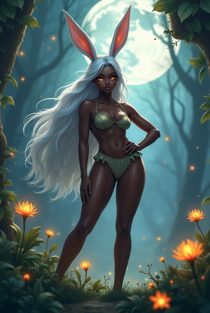 bunny girl, darkskin, White hair, gold eyes, musclegirl, voluptuous