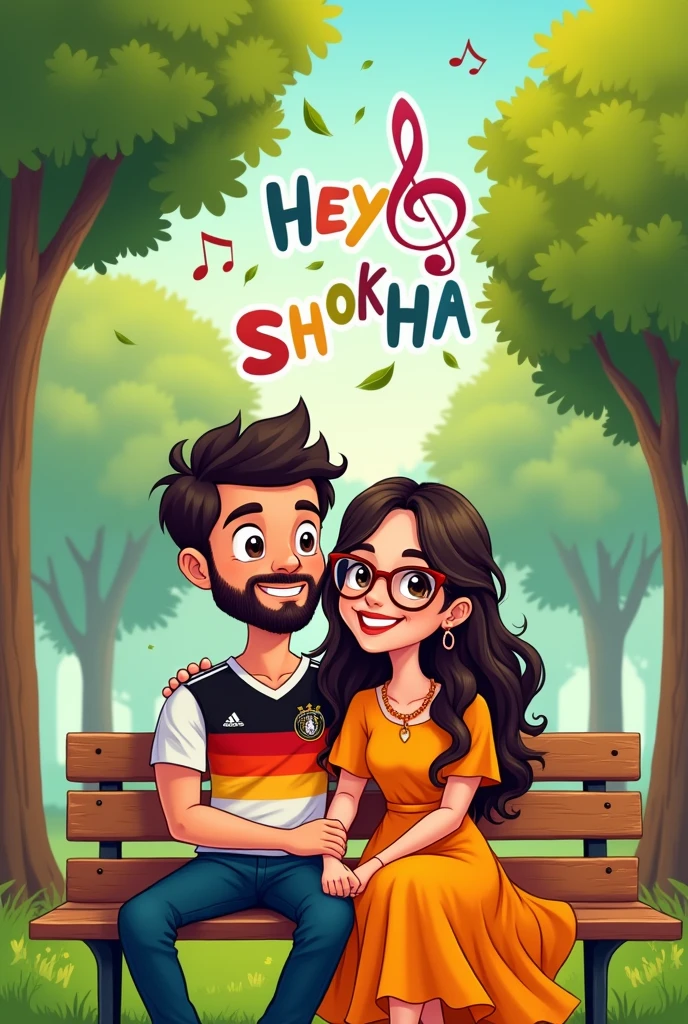 Create a cartoon picture of me and my boyfriend who is cute has subtle beard and me ,I am cute wear specs. We are sitting on the bench of a park listening to music,the park is covered with trees and if possible show the music that we are listening to,the name of the song is 'hey shokha' ,try to insert that somehow in the picture. Make the guy wearing Germany jersey and the girl wear orange frock.he doesn't wear glasses 