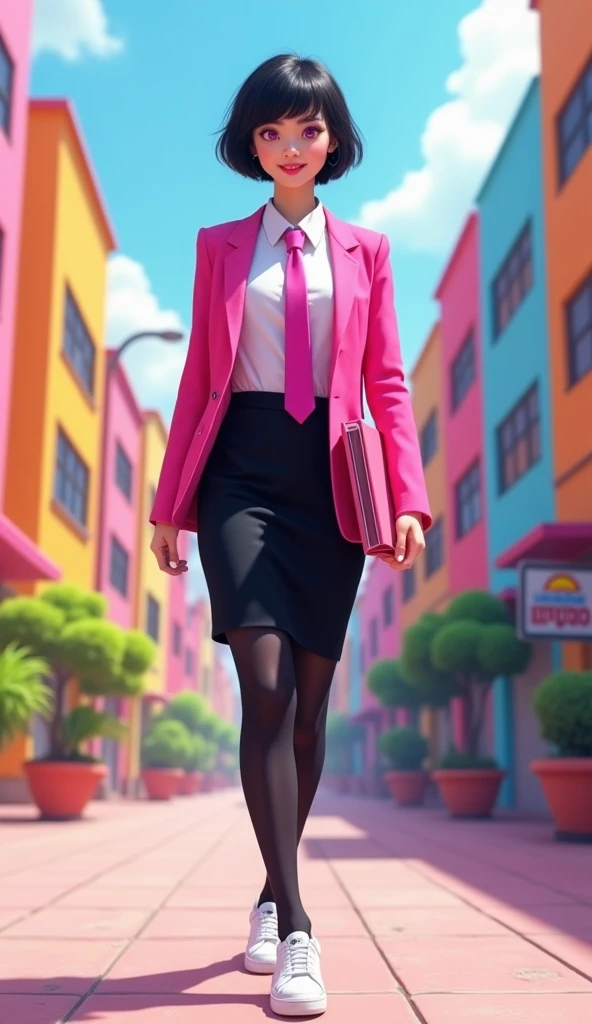 The young woman short black hair and pink eyes wear a pink suit, white shirt, magenta necktie, black pencil skirt, black underpants, black tights, black socks, adidas white sneakers.
She wear glasses and hold the pink file book, Her eyes are dazzled and smiled, cartoon novel, 4K, HD