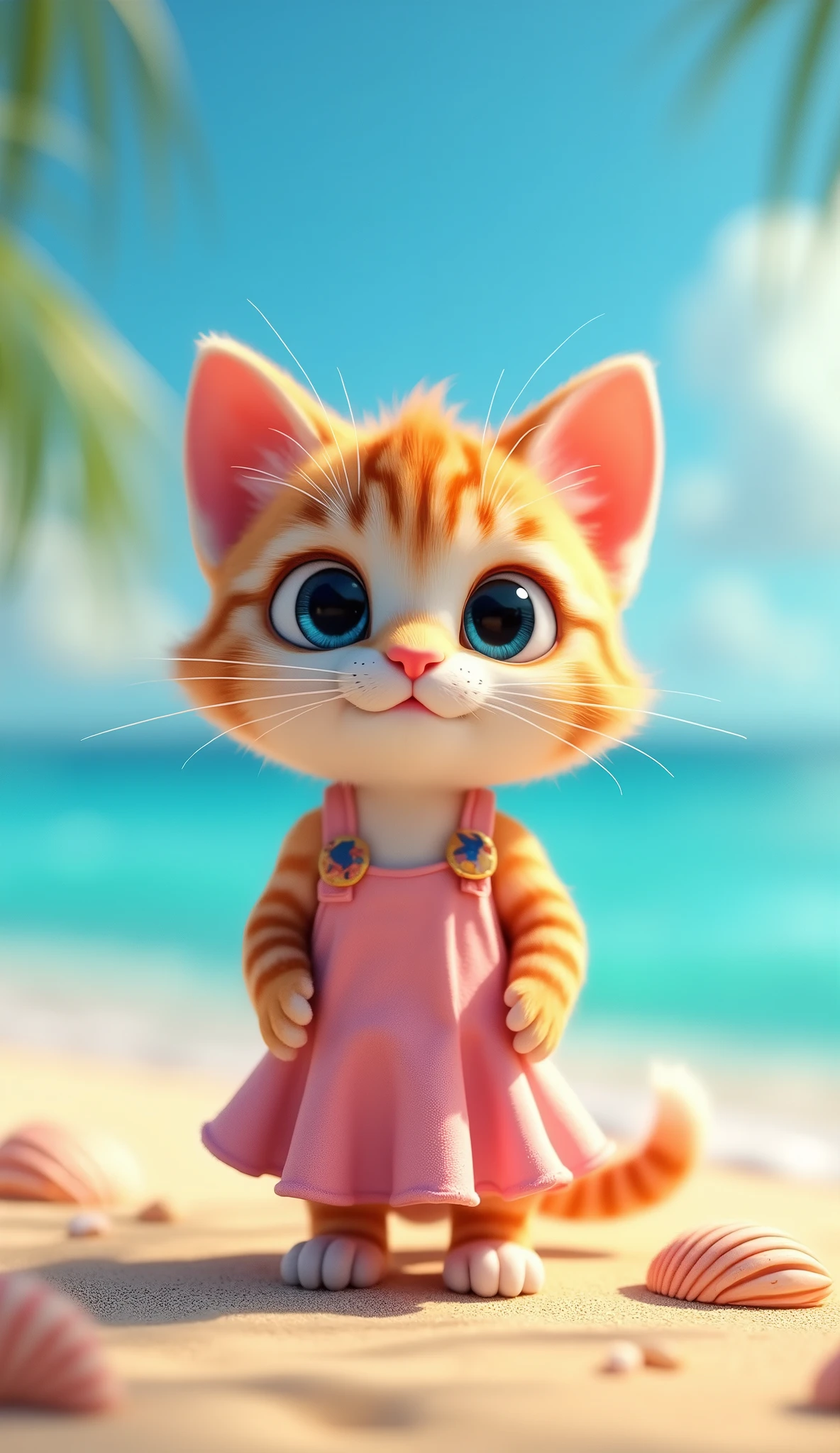 Perfect centering, Looking at the camera, a close up 2/3 of a cartoon kitten wearing a casual dress, 3 d animation demo reel, 3d animation, 3 d animation, 3 d animated movie, 3d animated, 3 d animated, tv commercial, clay animation, cgi animation, cute! c4d, cute 3 d render, pixar 3 d animation style, by the beach 4 k, 3 d cartoon