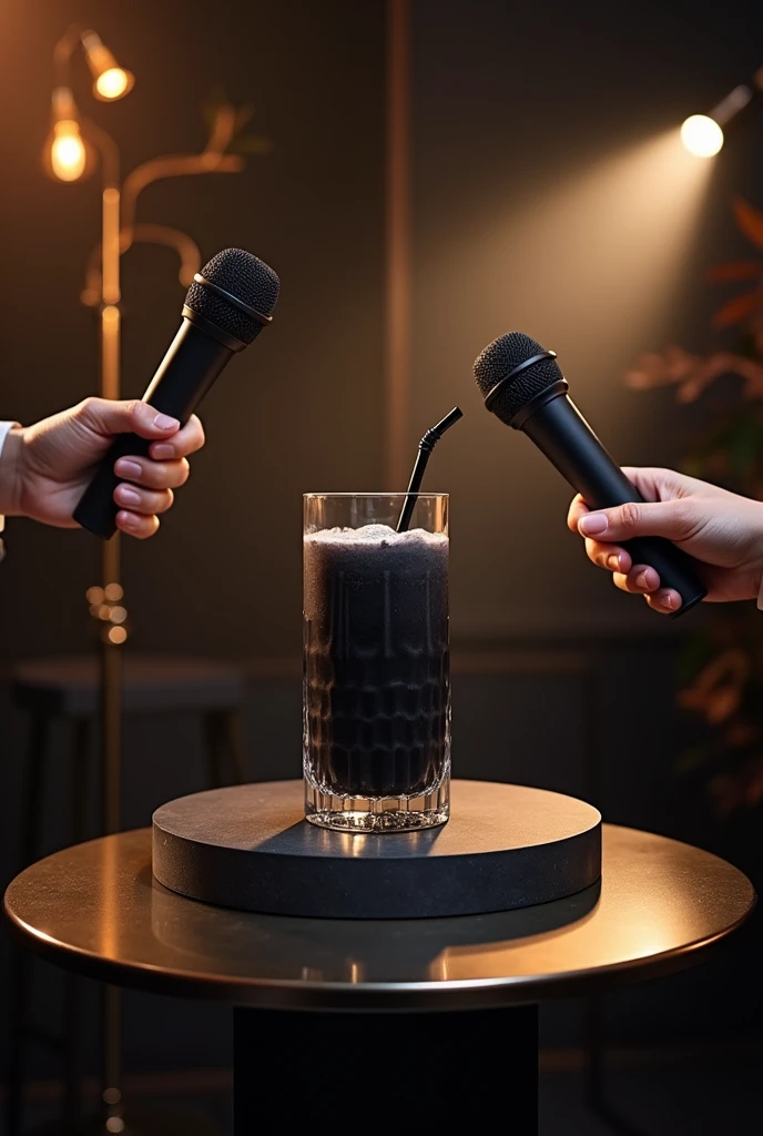 Hin Smoothie drink black water ,microphones hands ,breaking new podium luxury studio light shadow
