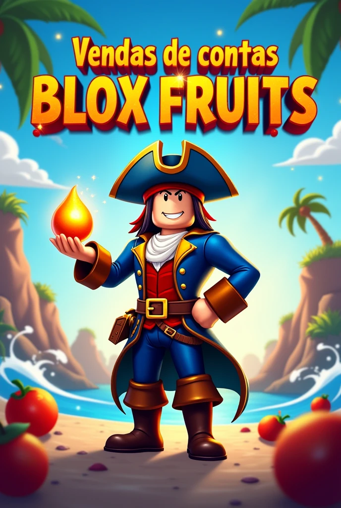 An image of an account sales ad about blox fruits Roblox that catches the public&#39;s attention AND has it written "blox fruits account sales" In Brazilian Portuguese