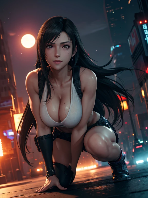  ((Master quality, 8K, masterpiece:1.3, ultra-detailed, high resolution, RAW Photos, detailed , blurry, Actual, hyper realistic, photo, HDR)), BREAK, Anatomically perfect, perfect hands, perfect legs, perfect feet, detailed eyes, BREAK, One person alone, ff7r style, tifa lockhart,, beautiful face, beautiful detailed eyes, (dynamic posing ), long hair, ( Round and Stacked Breasts ), Cleavage, abs, seductive  smile:1.5, Sweat-soaked skin, BREAK, wearing( ), , Graffiti art, BREAK, ( Random Angle, full-body, ), dynamic angle, , background(Realistic , cinematic lighting, depth of field, night , the full moon,, cyberpunk city atmosphere light particles, , )