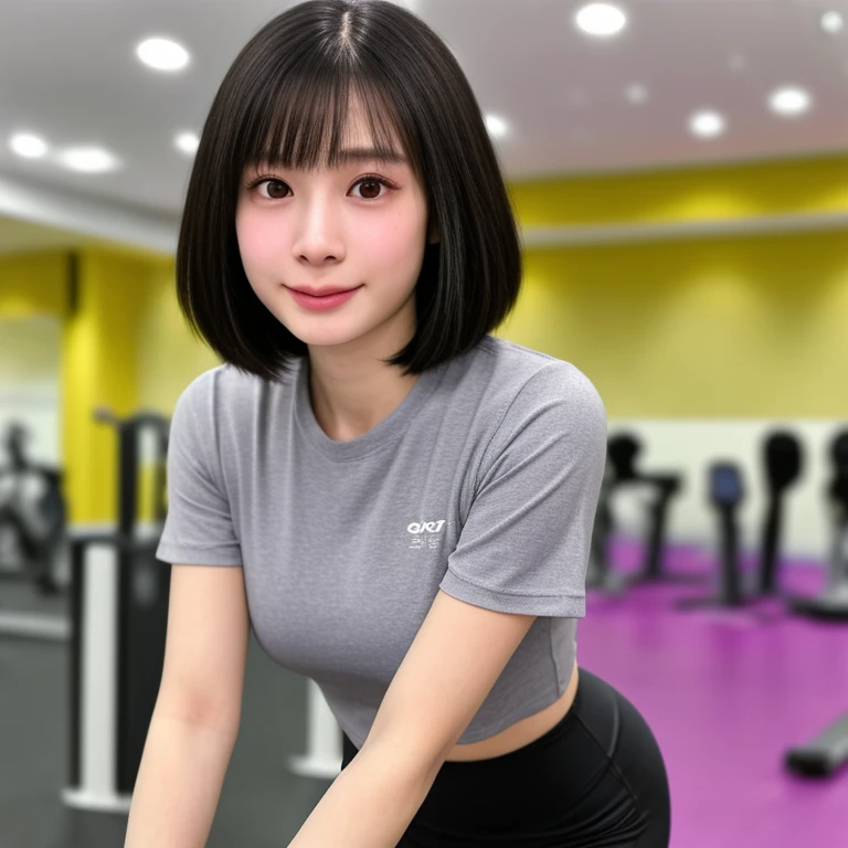 (kawaii 24 year-old Japanese girl, Nogizaka idol, Korean idol), healthy female athlete body, (glossy black hair, short hair, pixie cut, bangs:1.3), (rounded face, pure black eyes, single eyelid, no makeup, soft smile:1.2), (wearing training shirt, grey sports leggings:1.3), extra small breasts, well shaped hip, (slim waist, thigh gap:0.9), BREAK, (sports gym background:1.3), (looking at viewer, dynamic angle, close shot:1.2), BREAK, (masterpiece, best quality, photo realistic, official art:1.4), (UHD, 8K quality wallpaper, high resolution, raw photo, golden ratio:1.3), (shiny skin), professional lighting, physically based rendering, award winning, (highly detailed skin, extremely detailed face and eyes, anatomically correct body), Carl Zeiss 85 mm F/1.4, depth of field, 1girl, solo,