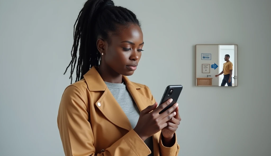 Back woman, looking at your cell phone where an application is open that shows the view of a security camera where it is monitoring your home, where a delivery man is at your door ringing the bell. The background should be light gray.
