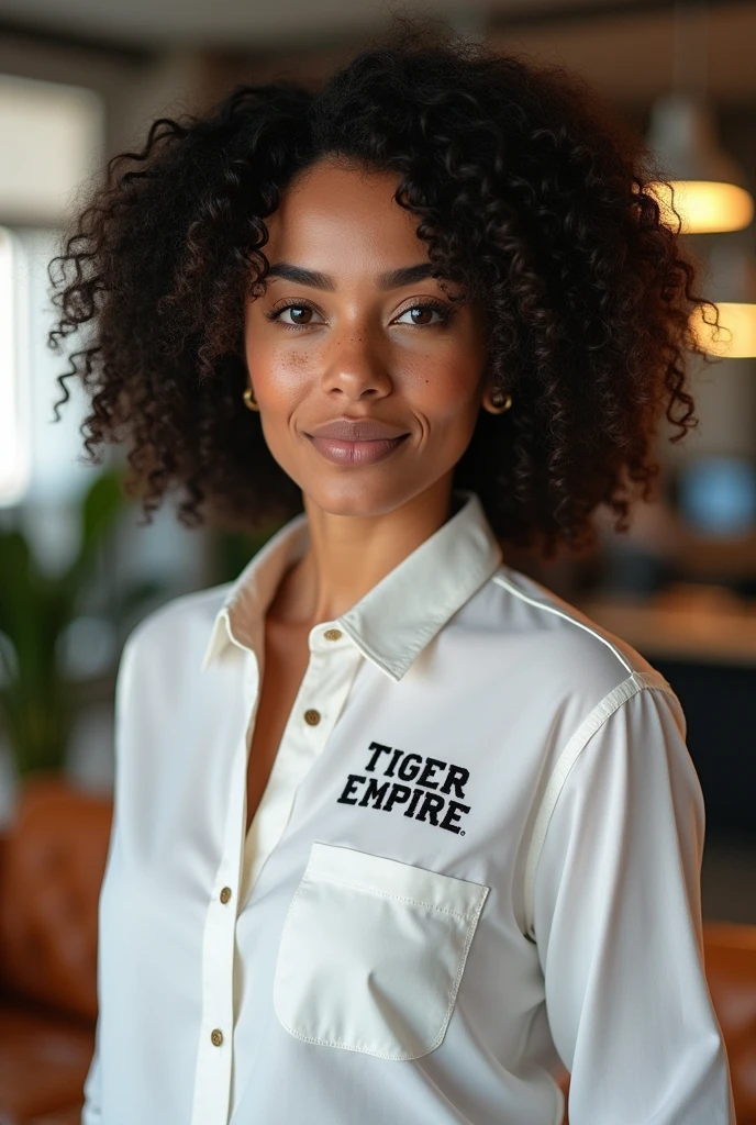 White skinned latin woman, freckles, brown eyes and dark curly hair beautiful and realistic, wearing a button-up shirt and appears professional,printed on the shirt on the left side of the chest "Tiger Empire" , and that she has 