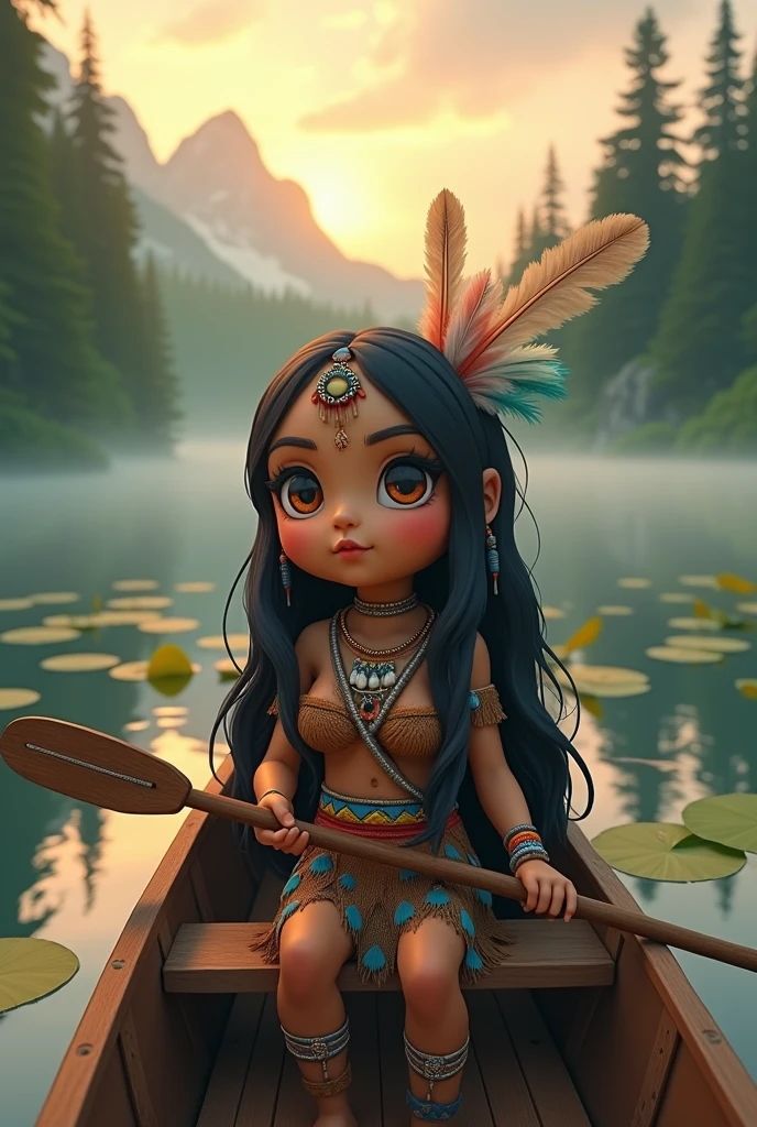 a cinematic photo of a chibi like female native american warrior sitting in a canoe