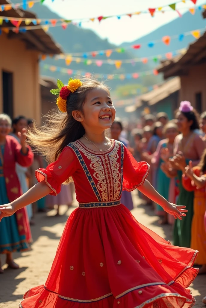 Create an image of a lively and colorful village scene during a festive celebration. A young girl, full of joy and energy, is seen dancing in the center, surrounded by people clapping and cheering her on. The girl wears a traditional bright-colored outfit with intricate embroidery, her hair adorned with flowers, and she radiates happiness. The background shows decorated houses, with strings of lights and colorful fabrics hanging, while people of all ages enjoy the festivities with laughter and smiles. The atmosphere is full of warmth, tradition, and community spirit.