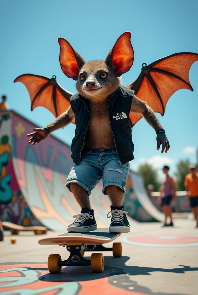 Bat with a pair of jean shorts ,a black North Face vest , some Vans knu and a skateboard