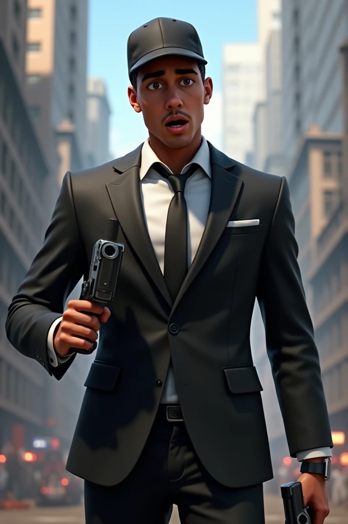 charachter: The character is a Free Fire character with light skin.
vestimentas: He is dressed in a stylish black suit. The suit is fitted and modern, with a thin-lapel jacket and matching trousers. The shirt underneath the suit is white, and the suit has a subtle sheen for a sophisticated touch.
accessory: The character is wearing a black cap with a straight brim. The cap is casual in style and adds an interesting contrast to the formal look of the suit..
Facial expression: The character is making a surprised face. Your eyes are wide open, with raised eyebrows. The mouth is slightly open, showing teeth and creating a shock effect. The expression should be exaggerated to give a dramatic touch..
stance: The character has his arms slightly away from his body, as if reacting to something unexpected. You can have one hand raised, with the palm facing outwards, and the other hand at the side, with an in-game item (as a weapon) if it is relevant to the context.
enviroment: The background can be neutral or with a stylized scenery to highlight the character.. It can be an urban or combat environment, keeping the focus on the character and his expression.