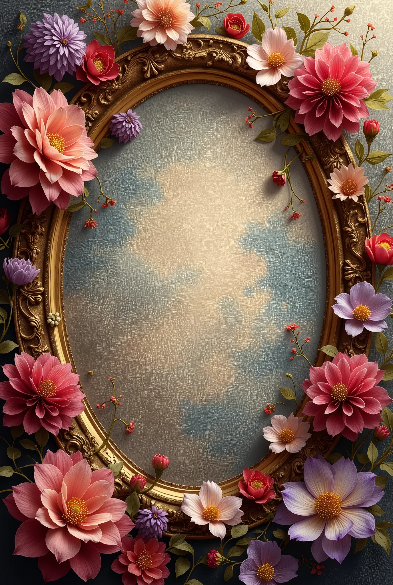 
Close-up of a Renaissance style painting featuring a transparent background. The painting is adorned with a variety of floral elements that add to its visual appeal.