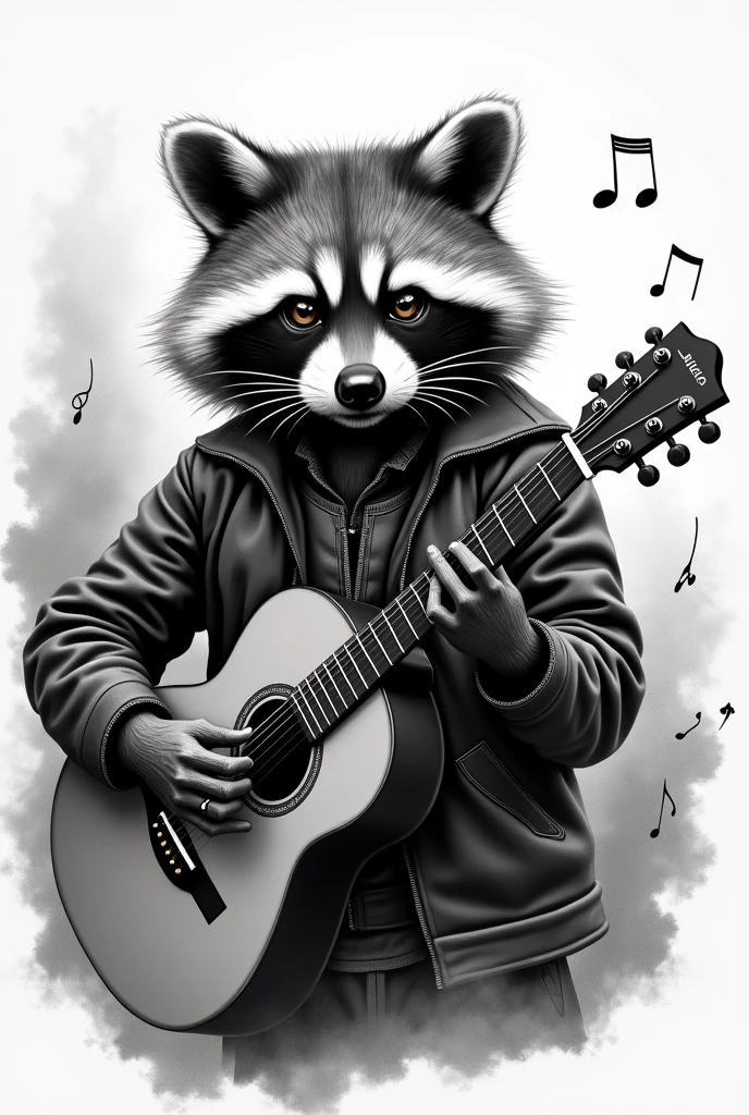 Create a tattoo of a raccoon with a jacket and guitar, that is realistic and in black and white, sin color