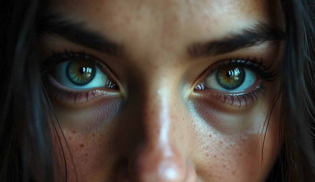 An extreme close-up of a person's eyes full of determination and reflection, showing the inner struggle and decision-making process. The eyes should convey a sense of privacy and introspection, emphasizing the importance of personal choices. The background should be blurred, focusing only on the intense look.--ar 16:9