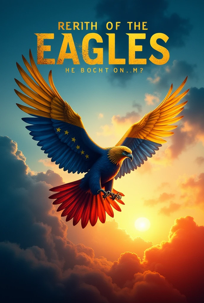 A large poster with a blue sky background and a beautiful sunset, A golden eagle fighting and passing by the Venezuelan flag in the form of smoke mixed with the Brazilian flag, and by title that says; Rebirth of the Eagles Restoration House