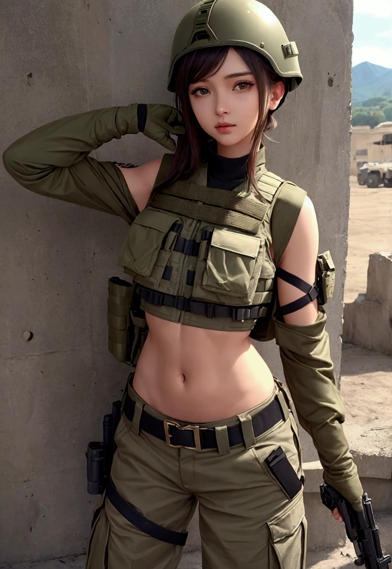 girl in crop top military bulletproof vest , military green cargo pants, belt, military helmet, tactical, (open navel),