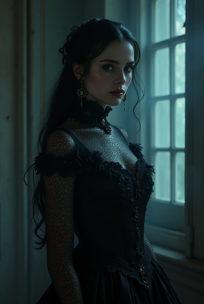"A dark fantasy scene in the style of a 1980s live-action film, featuring a human actress with pale skin, dark expressive eyes, and long dark hair, styled in a gothic fashion. She is dressed in a vintage, Victorian-inspired gown with intricate lace details and a high collar. The setting is dimly lit, with deep shadows and a soft, ethereal glow surrounding her, creating a mysterious and haunting atmosphere. The colors are muted, focusing on deep blues, greys, and blacks, with subtle highlights that emphasize the contours of her face and the texture of her dress. The overall aesthetic is reminiscent of a dark fairy tale, blending elements of gothic romance with the cinematic quality of a classic horror film. The scene captures a sense of melancholy and otherworldly beauty, making it feel like a pivotal moment in a dark, yet enchanting, live-action fantasy film."