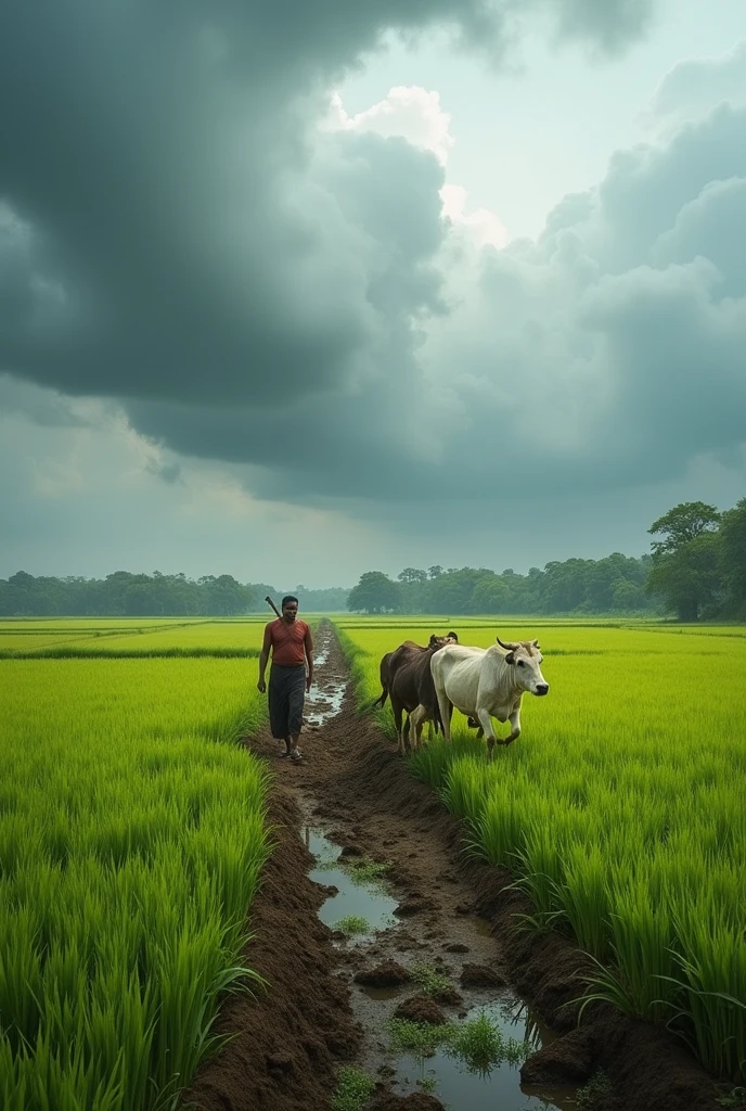 A beautiful Indian countryside. A man farmer is working in the field ploughing in the green paddy field with the help of cows. The sky is cloudy going to rain.