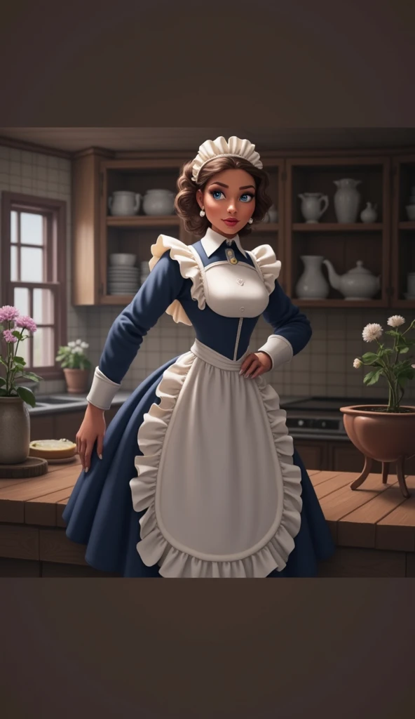 A woman, maid outfit, big tits, brown skin color, blue eyes