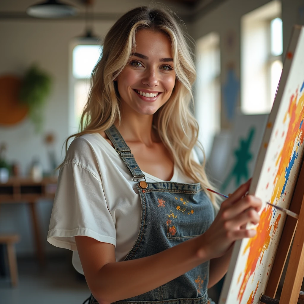 [full body shot] professional, (((huge tits))) ((cheerful woman with paint splatters on her apron, working on a canvas in a bright studio)) (4k image:1.1), (Sharp Focus:1.3), Very detailed, wear (tight shirt:1.2), beautiful detailed face, sparkling eyes, long light hair, (attractive young woman:1.3), (seductive:1.1), (blushing:1.1), pear body shape, perfect hands, natural breasts, wide hips. --Sexy body --Prominent bare breasts --Detailing, full body, a lot of femininity, tempting, Dazzling, sensual pose, muse, --Unreal движок 5. 