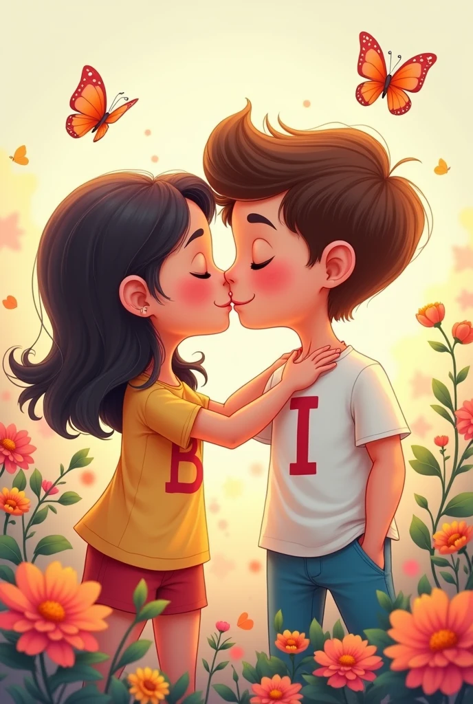 Cartoon beautiful girl and handsome boy close kissing. Boy wearing t shirt printed letter "I" girl wearing tshirt printed letter B on flower background