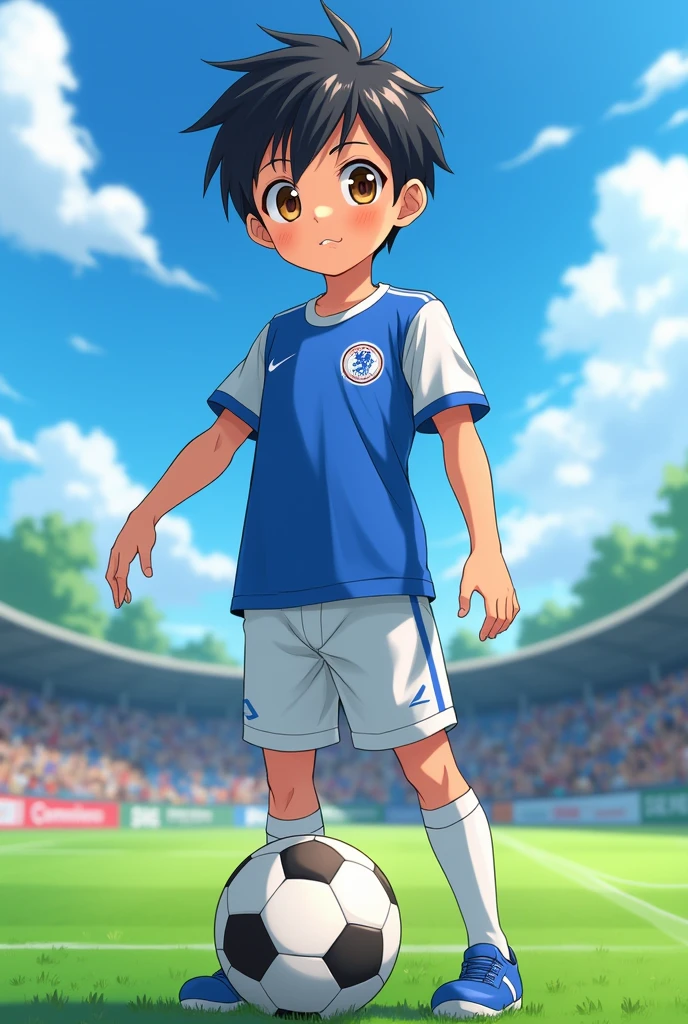((1 chico)), anime, blue and white soccer shirt, clear skin, black hair, Brown eyes