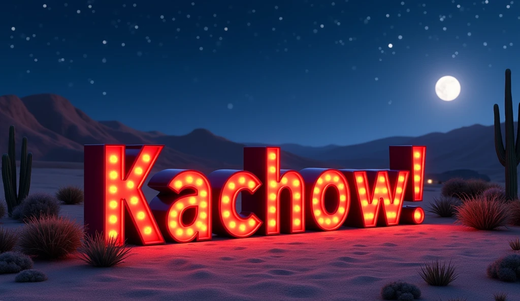 letters that say "Kachow!" Inspired by the movie Cars, Let it be a starry night on the sandy road where the movie takes place, that the road is noticeable as if it were taken from a movie. That between everything that is between quotation marks "Kachow!"
So, but the letters should not shine with spotlights or LED lights, that are illuminated by the light of the moon and are red with yellow.
The letters can't be slanted or anything., right-wingers