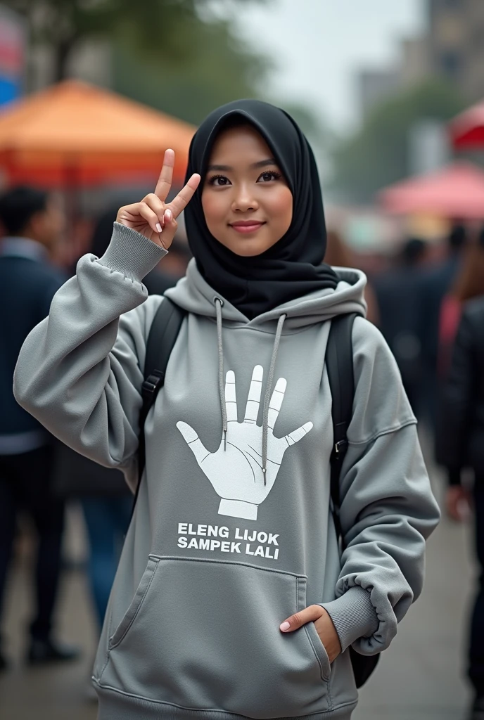 A indonesian pretty girl, wearing a grey hoodie with a strong vector design featuring a silhouetted image of a five-fingered palm in white colour with love and light. The phrase "ELENG LIMO  OJOK SAMPEK LALI" in down, is displayed in bold simple elegand, distressed typography with pastel colours, while holding her hoodie, hijab, one-handed pose pointing upwards,  in a public place, surrounded by many men, big and sexy breasts, jav idol, with a frontal shooting angle, very realistic, (complex detail: 0.9), (hdr, hyperdetail: 1.2), RAW, Sony Alpha a9 II, 24-105mm f/4, HDR,