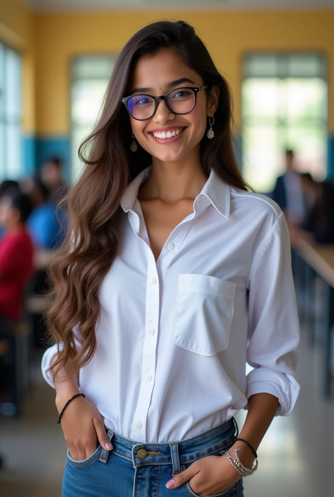 22 year old girl,perfect body,perfect face,elegant face,tall,long hair,brown hair,long hair,long legs,huge boobs,huge ass,Indian girl without bindi,brown hair,brown eyes,beautiful eyes,smiling,school shirt, folded sleeves,jeans,beautiful waist,glossy lips,blush,earrings,fit body,fit thighs,round spectacles,school background,bracelet, open hair,fair skin,cute,most hot and beautiful