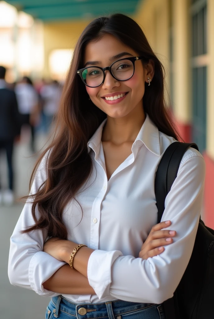 22 year old girl,perfect body,perfect face,elegant face,tall,long hair,brown hair,long hair,long legs,huge boobs,huge ass,Indian girl without bindi,brown hair,brown eyes,beautiful eyes,smiling,school shirt, folded sleeves,jeans,beautiful waist,glossy lips,blush,earrings,fit body,fit thighs,round spectacles,school background,bracelet, open hair,fair skin,cute,most hot and beautiful 