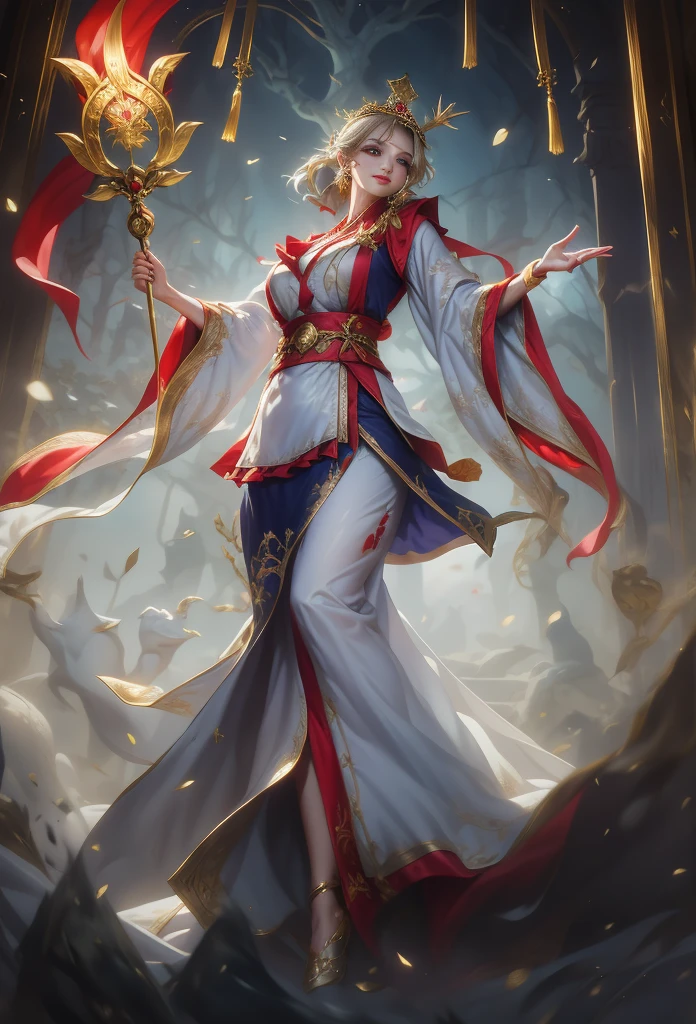 （masterpiece），Realism，Best quality，Detailed face，Smile，Meticulous attention to detail。Depth of Field，Beautiful and delicate eyes，Smile，Looking at the audience，1girl,girl,（（Wearing a long crown））,Breast augmentation,Female mage wearing a white hunting robe with a red sash，Large long sleeves，Fighting Stance，Right hand raised, holding a vajra.，whole body，Depth of Field